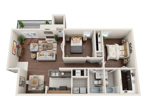 Floor plan for 2 beds, 2 baths, 1111 sqft